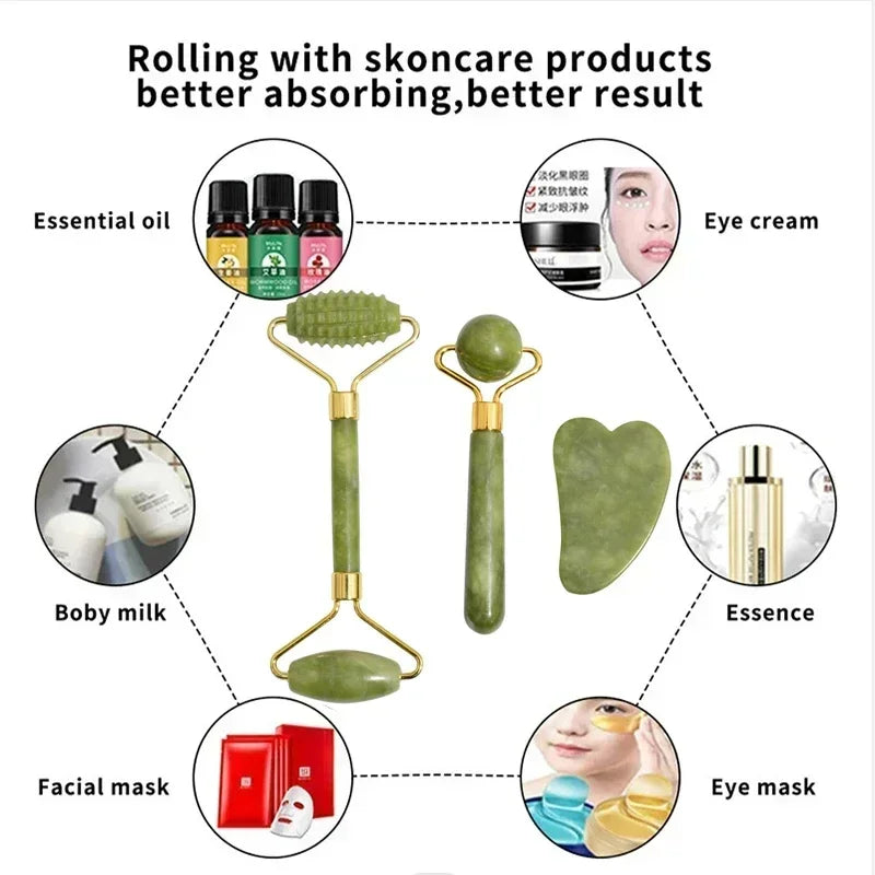 Rolo de Jade e Gua Sha Natural - Massagem Facial e Corporal