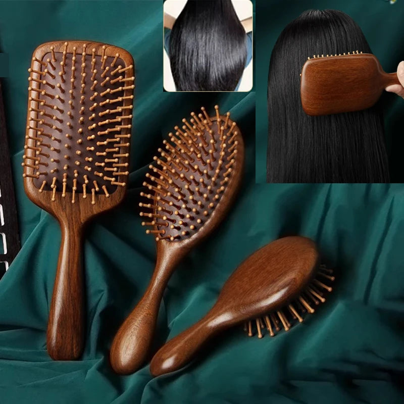 Pente Massageador de Sândalo com Almofada de Ar - Massagem Craniana
